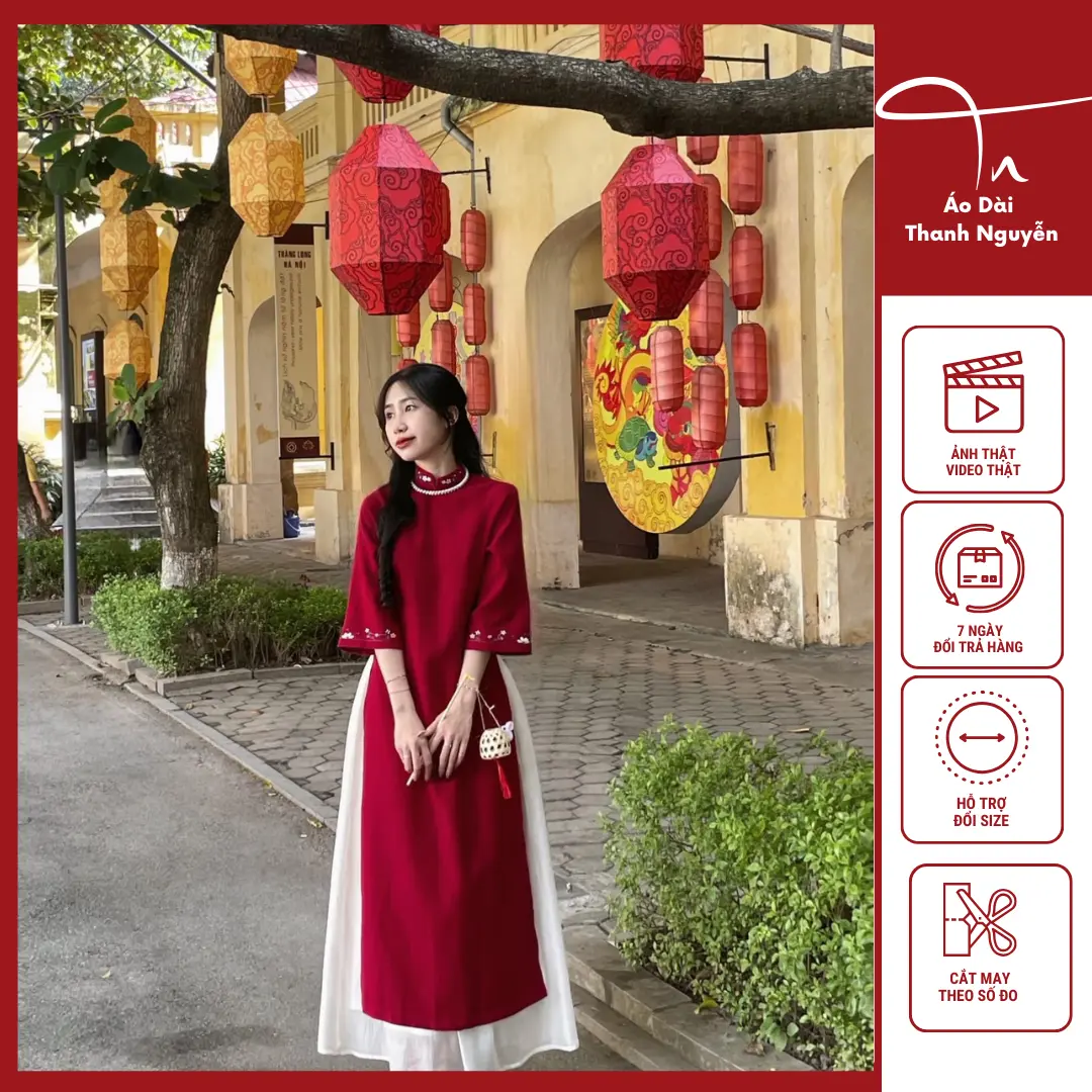 Áo Dài Tết Dáng Suông - Áo Dài Cách Tân Nhung Tăm 2 Tà Thêu Lắc Tay Cao Cấp Nữ Dress