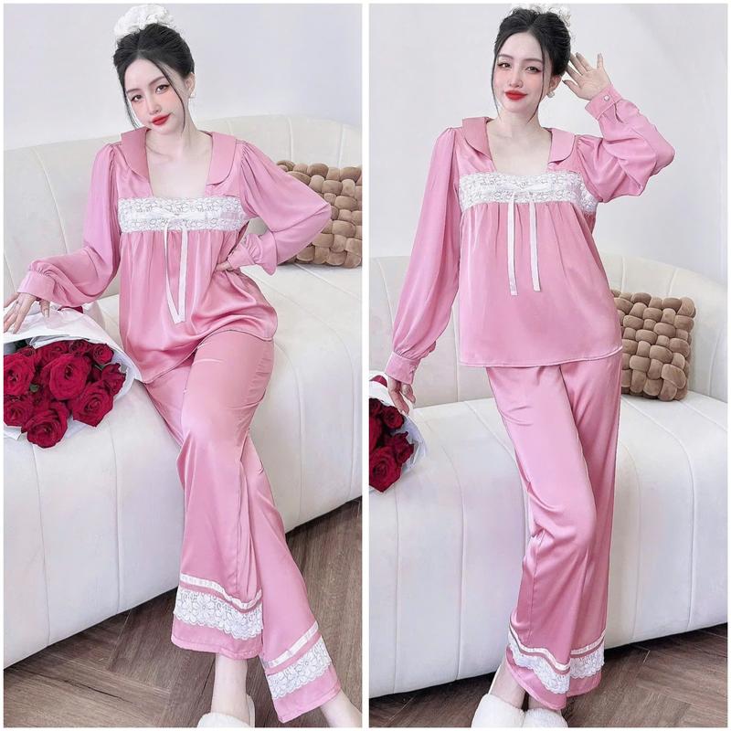 Đồ bộ ngủ pijama áo tay voan cổ vuông quần dài dành cho nữ họa tiết trơn chất liệu lụa latin mềm mịn Women 5