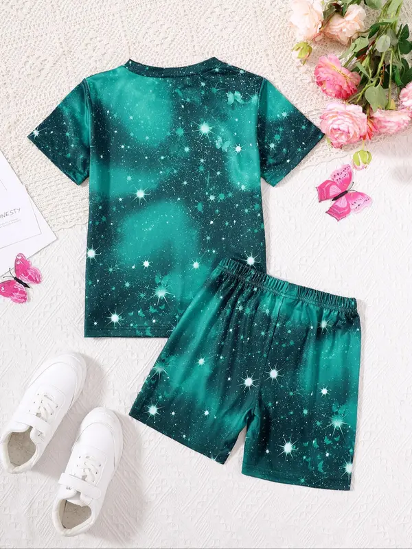 Toddler Girl's All Over Print Clothes Set, Casual Short Sleeve Tee & Shorts, Summer Clothes for Kids 1
