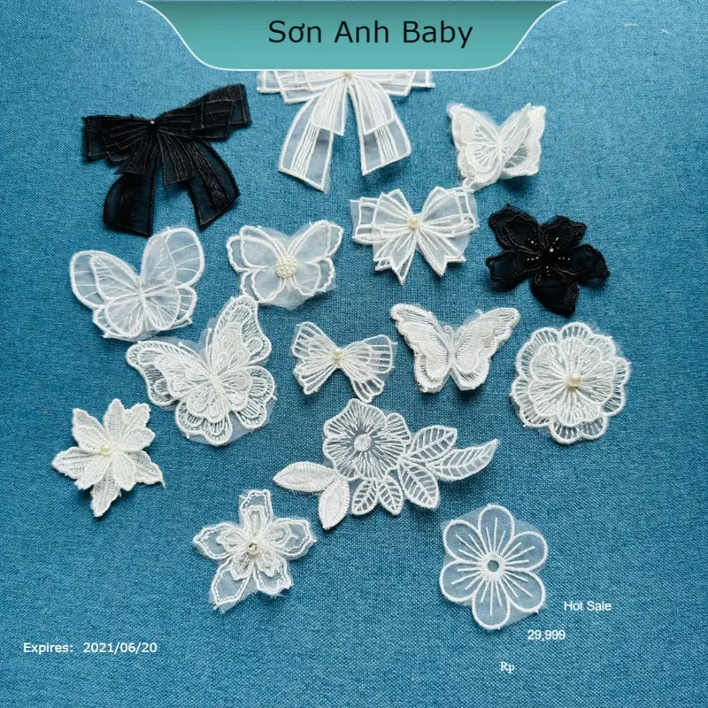 Sticker, miếng vá sửa chữa, miếng vá trang trí khâu, may lên quần áo rách, trang trí khăn, túi, ..(Bướm,hoa,nơ ren) 0