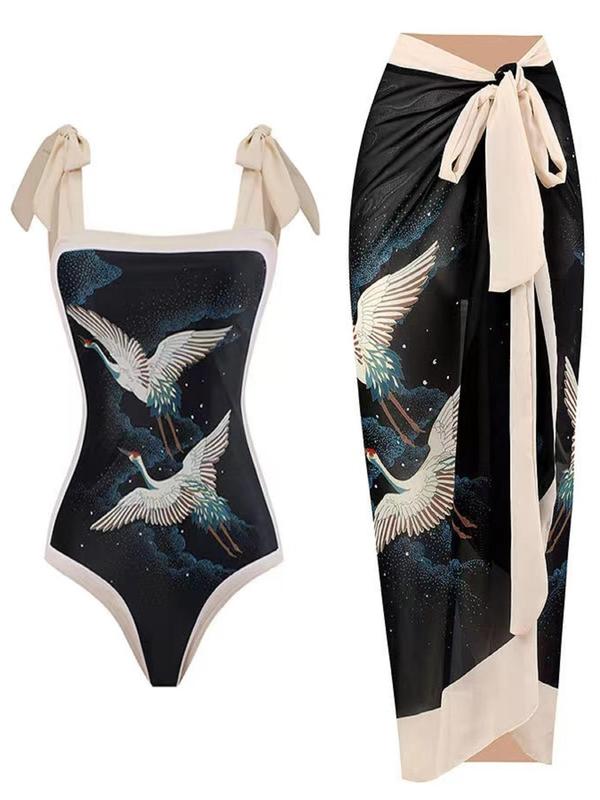 Women's All Over Print Knot Swimsuit Set, Boho Wrap Skirt & Sleeveless Bodysuit, Chic Swimwear For Beach Vacation, Bikini Sets, Ladies Summer Clothes 1