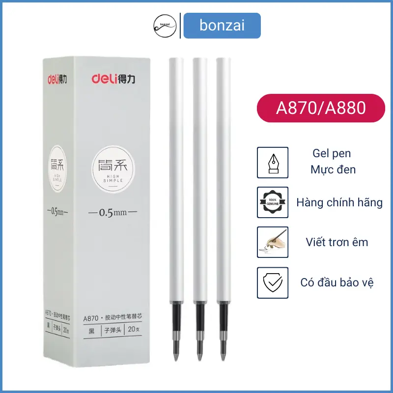 Ruột bút gel Deli A870 / A880 thân trắng mực đen ngòi 0,38mm và 0,5mm 0