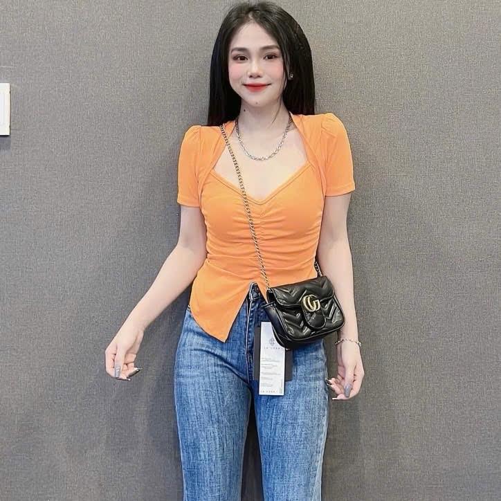 B1- dưới 58kg Áo thun tay ngắn borip nhún eo và cổ from baby tee Women 2