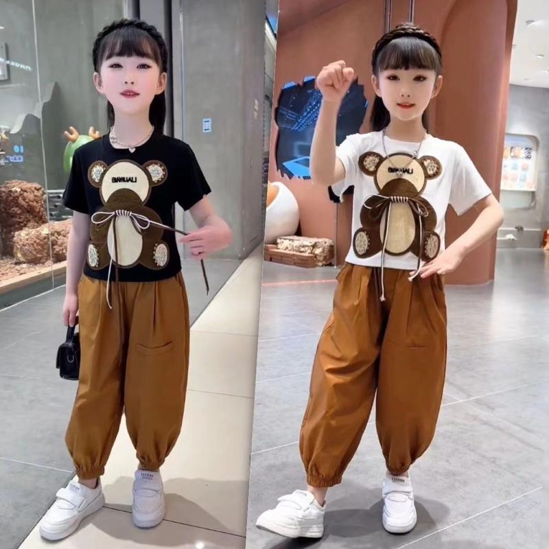 Product Introduction of Bộ Đồ Mùa Hè Cho Bé Gái, Cỡ Trung Bình Và Lớn, Thời Trang Mới, Thiết Kế Gấu Hoạt Hình, ngắn Tay, Phong Cách Thường Ngày Dáng Rộng Vừa Vặn, Quần Hai Mảnh, 2023 3