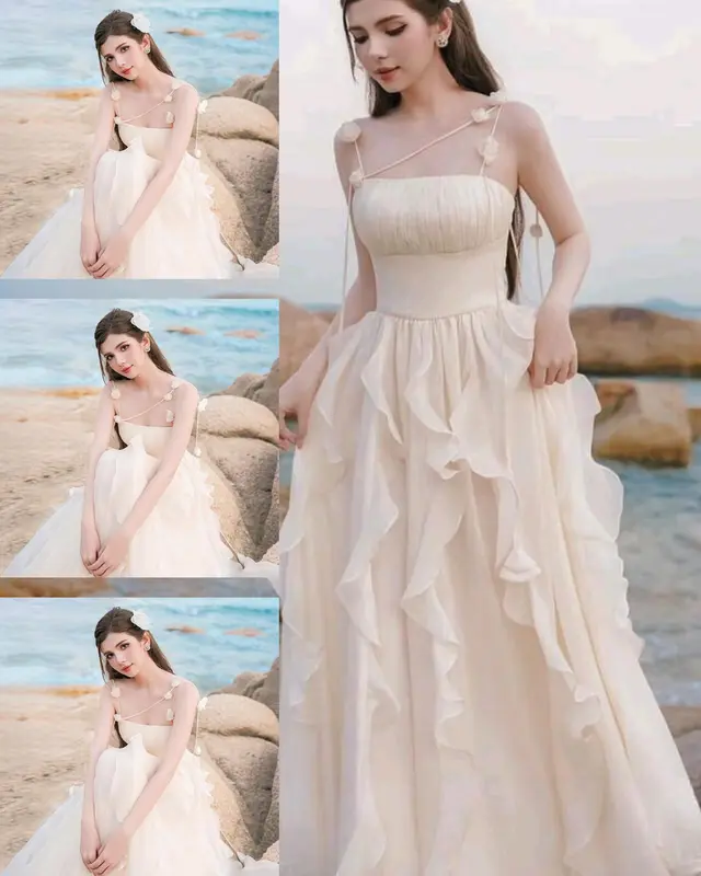 VV22 - Đầm cúp ngực 2 dây dáng dài, đầm cup ngưc thiết kế màu kem chất voan, bo chun, dây vai gắn hoa dáng bèo cho Nữ đi biển siêu xinh Dress Women 6