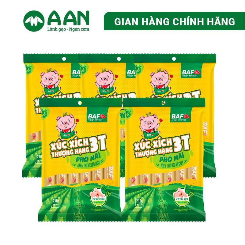 Xúc xích thượng hạng 3T Phô Mai - Combo 5 gói (5 Gói 210g, 6 cây/gói) Food, Xúc xích Heo, Phô mai Cay