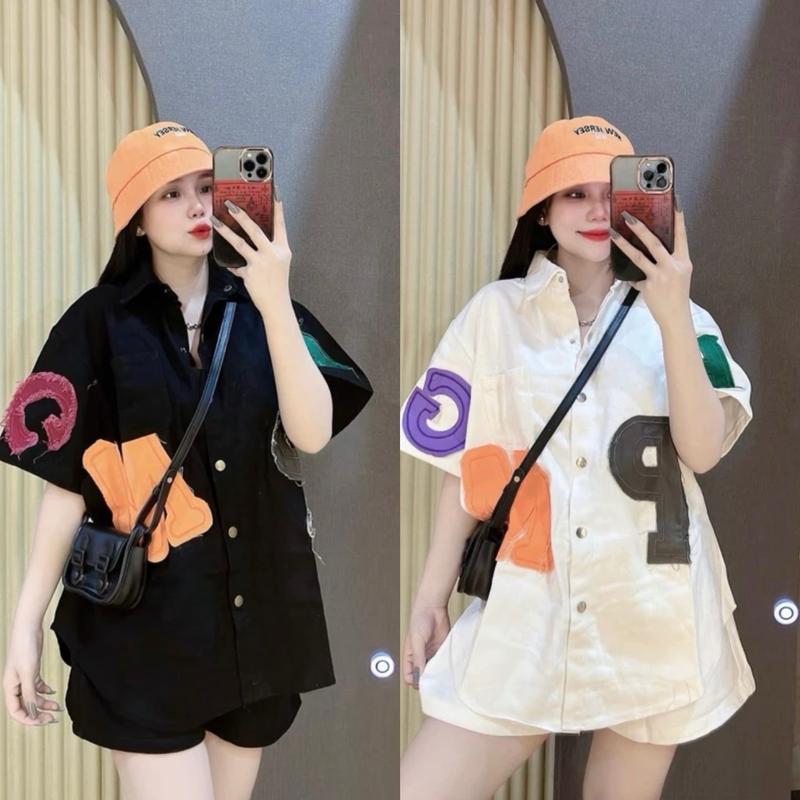 SÉT JEAN FOM RỘNG ÁO SƠ MI CHỮ THÊU + QUẦN ĐÙI RỘNG LƯNG BO THUN MÀU ĐEN & KEM CHẤT KAKI JEAN 60kg -47kg Top