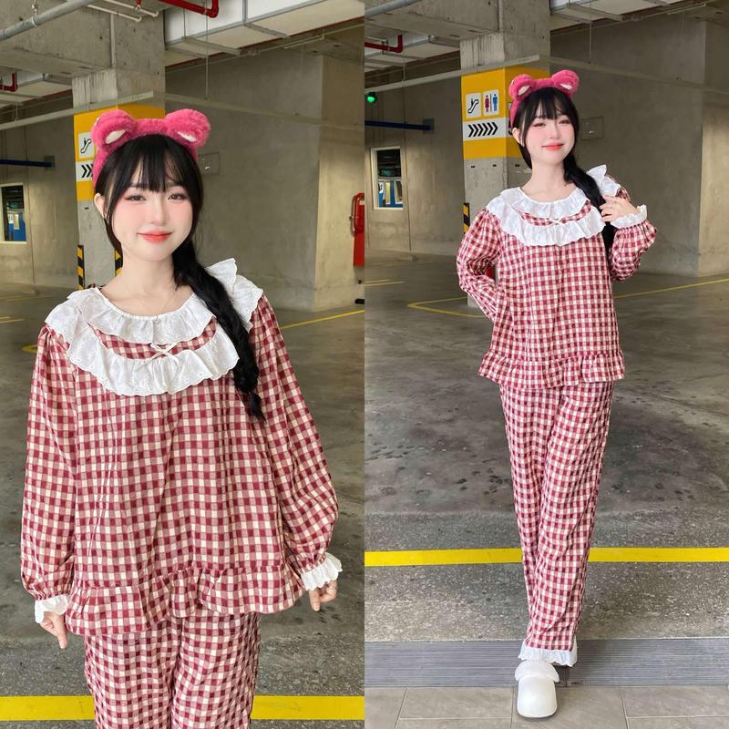 Bộ Đồ Ngủ Kẻ Caro Cổ Tròn Ren Nơ Xinh Xắn Áo Tay Dài Quần Dài BIG SIZE Nhà Pink [ HÀNG CAO CẤP] Nữ Women
