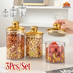 PERFECT 3Pcs/Set Toples Penyimpanan Toples Kue Lebaran Ramadan Look Mewah Aesthetic Snack Toples Penyimpanan Toples Emas Full Tutup Kedap Udara