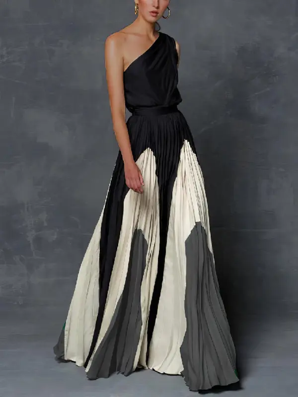 Women's Colorblock One Shoulder Dress, Elegant Long Dress for Party Holiday Wedding Guest, Ladies Clothes for All Seasons, Elegant Dresses, Womenswear 4