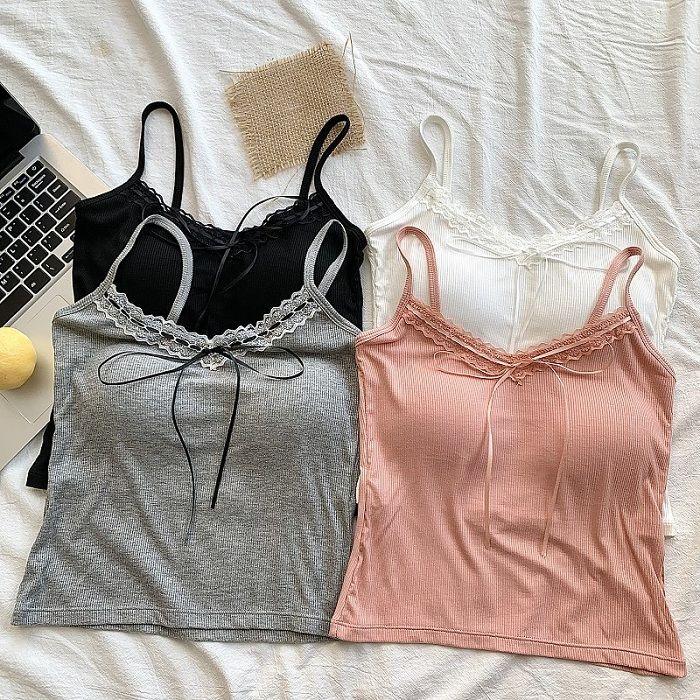 Product Introduction of [halter blouse for chubby]Pure Desire Hot Girl Lace Beauty Back Camisole Women's Base with Chest Pad Slim-Fit Bow Design Sleeveless Top Women's Clothing Women's Women's Wear Chinese Clothing Chubby Camisole 17