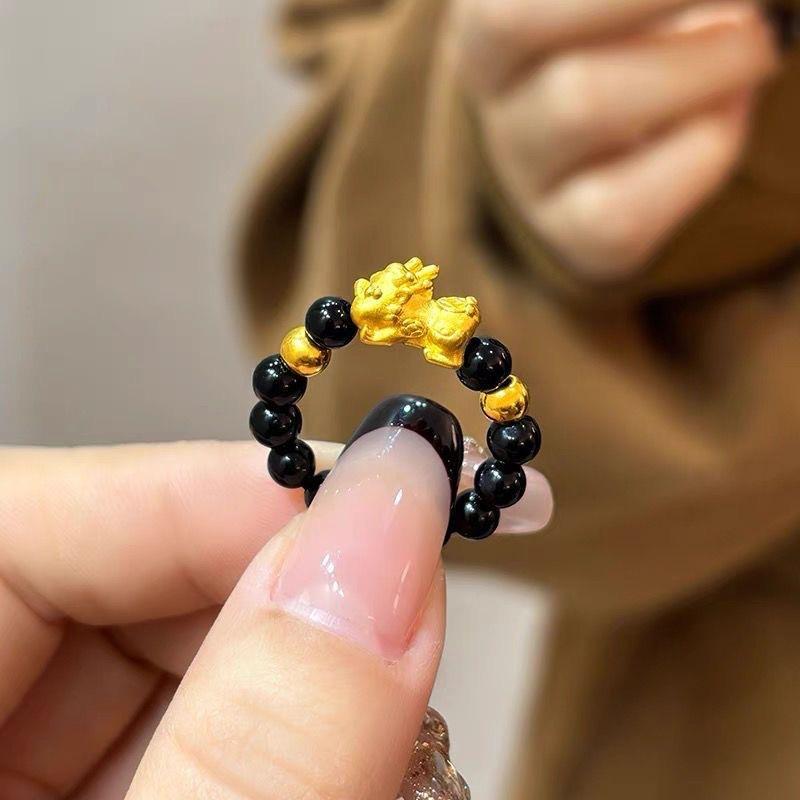 Product Introduction of Simple COH Love Pixiu Ring Golden Lucky Beads Lucky Couple Ring Niche Woven Ring 0