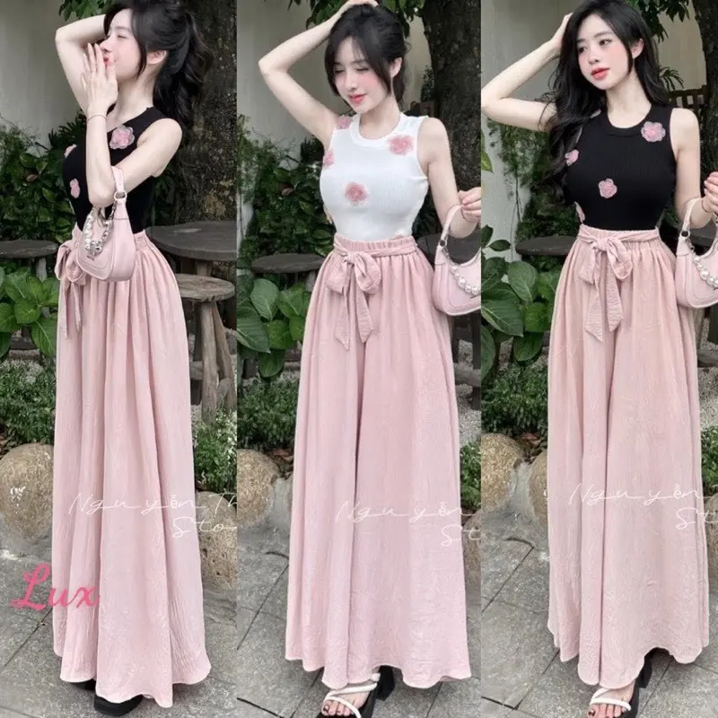 Set bộ thời trang nữ siêu hot áo ba lỗ thun tăm đính hoa phối quần đũi mango form to ống rộng thắt nơhack dáng trẻ trung Nhung Women chỉ giặt tay đường phố cá tính