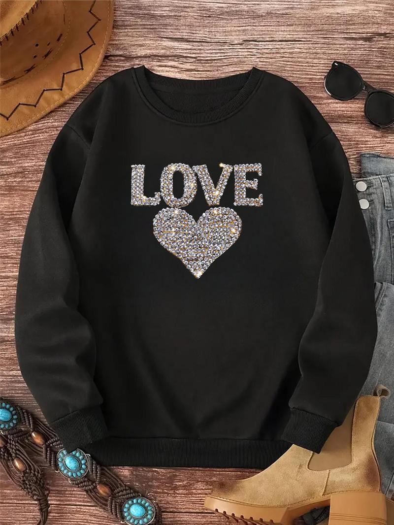 Product Introduction of Women's  Rhinestones Glitter Heart & Letter Print Drop Shoulder Sweatshirt, Casual Long Sleeve Round Neck Pullover for Fall & Winter, Ladies Clothes for Daily Wear 5