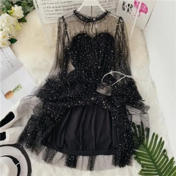 Star Sequins Fairy Dress Mesh Flared Sleeves High Waist Lace-up Loose Babydoll  Dress A- line Bubble Princess Dress - TikTok Shop Philippines