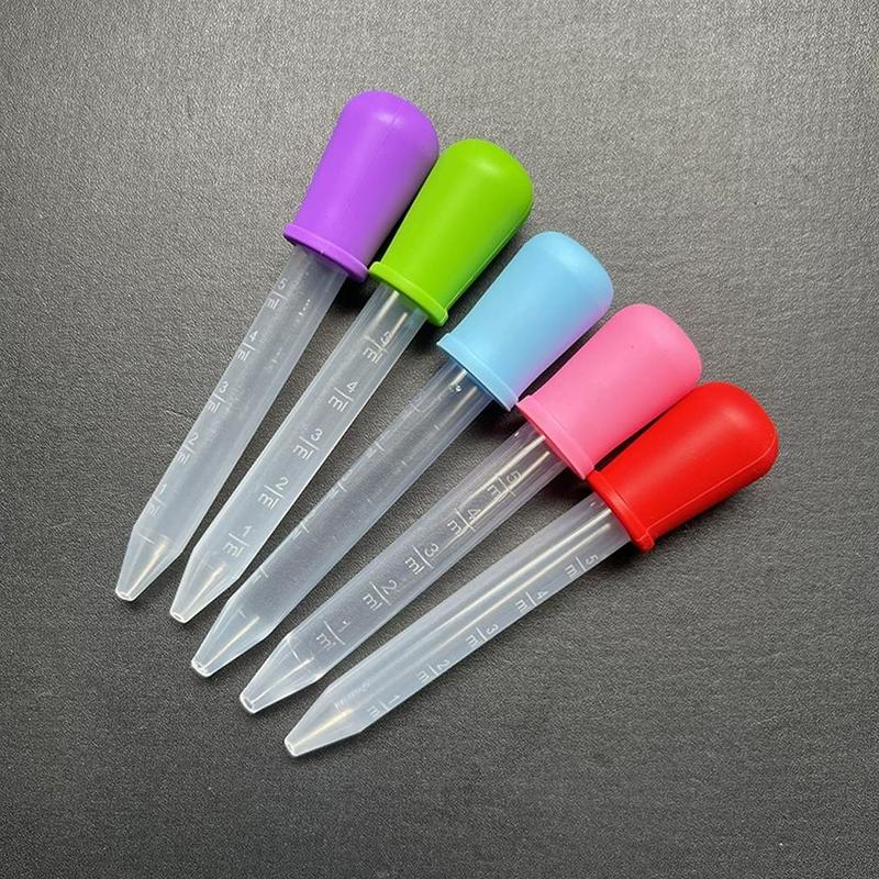 Product Introduction of Random Color Silicone Liquid Dropper, 5 Counts Liquid Transfer Dropper, Anti Choking Eating Medicine Dropper for Indoor & Outdoor, Glass Pipette 1