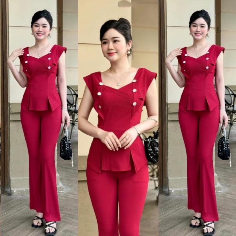 H27 Đồ Bộ Nữ vải thun Tăm mịn xẻ tà quần ống loe đủ size 40-75ký Women 【set blue thường