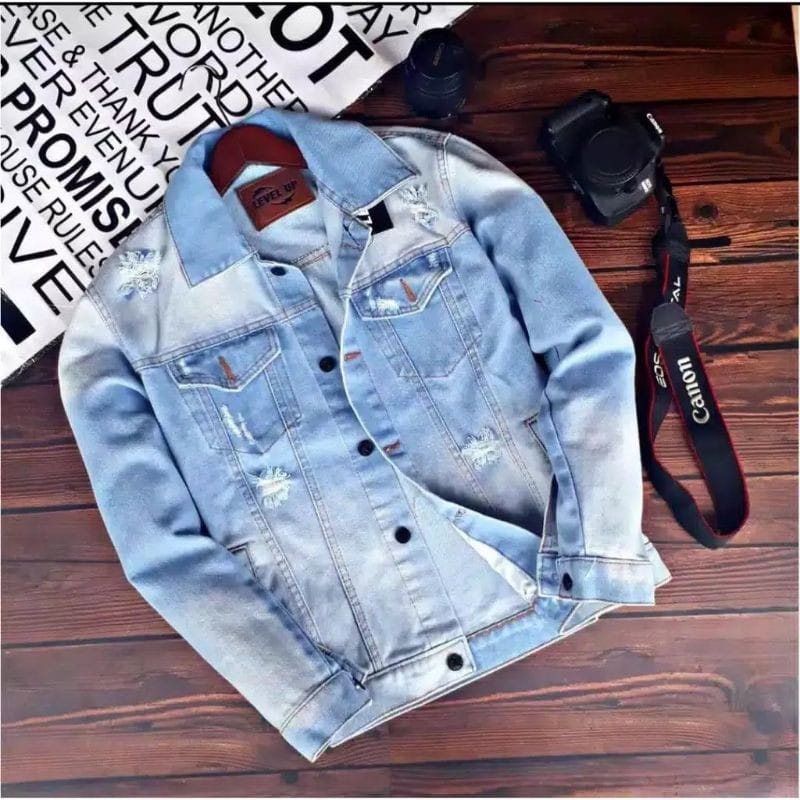 JAKET DENIM SOBEK PRIA / JAKET JEANS RIPPED COWOK BIOBLIT BIOWASH kancing kulit nyaman panjang Sandwash Tebal Distro Slimfit Keren Logo Kerah japan  jacket Denim Denim Denim Hitam Biru Muda