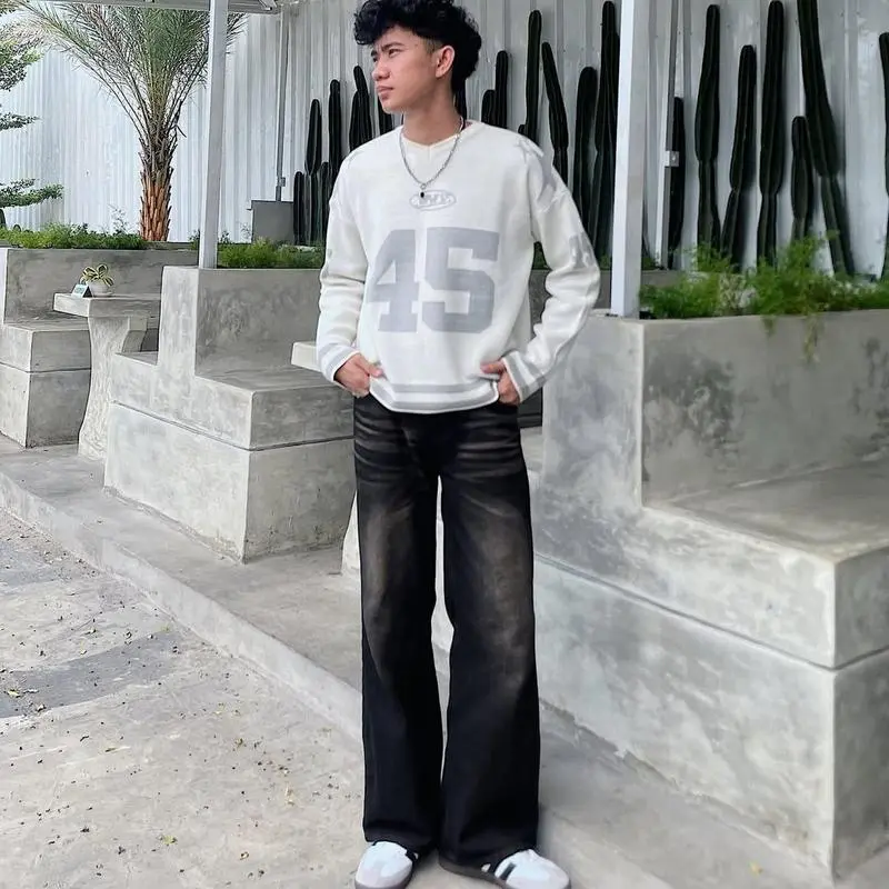 Celana Jeans Kulot Pria Baggy Pants Skena Y2K Korean Style Loose-fitting Non Stretch - Panjang, Hitam Straight Denim Dewasa Pendek Wanita Cowok 7
