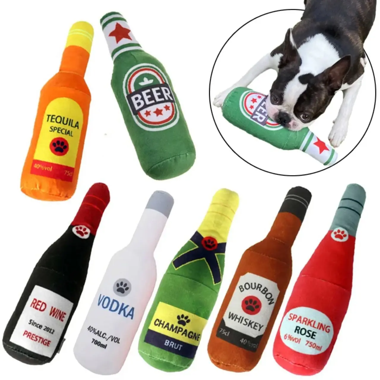 Interactive Dog Toys Champagne Wine Bottle Shape Pet Toy Plush Filled Vodka Toy Squeaky Bite-Resistant Pet Supplies