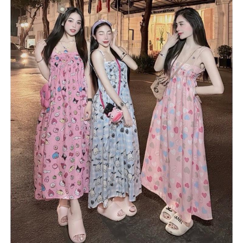 L1 CÓ TÚI  VẠT BẦU- Đầm 2s gấu dâu maxi chun nhún dáng dài suông freesize váy dễ thương Women Dress
