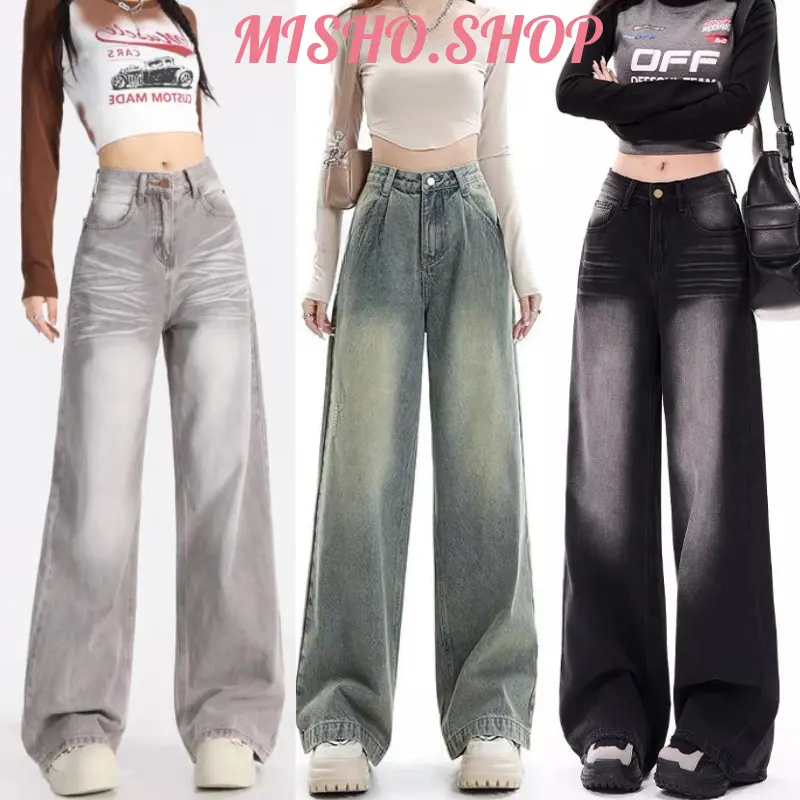 Quần Jean Nữ Ống Suông Rộng Wash RETRO Bụi Màu Đen Và Xanh Lưng Cao Phong Cách Vitager Ulzzang Hàn Quốc 2023 Baggy Pants quần  thô