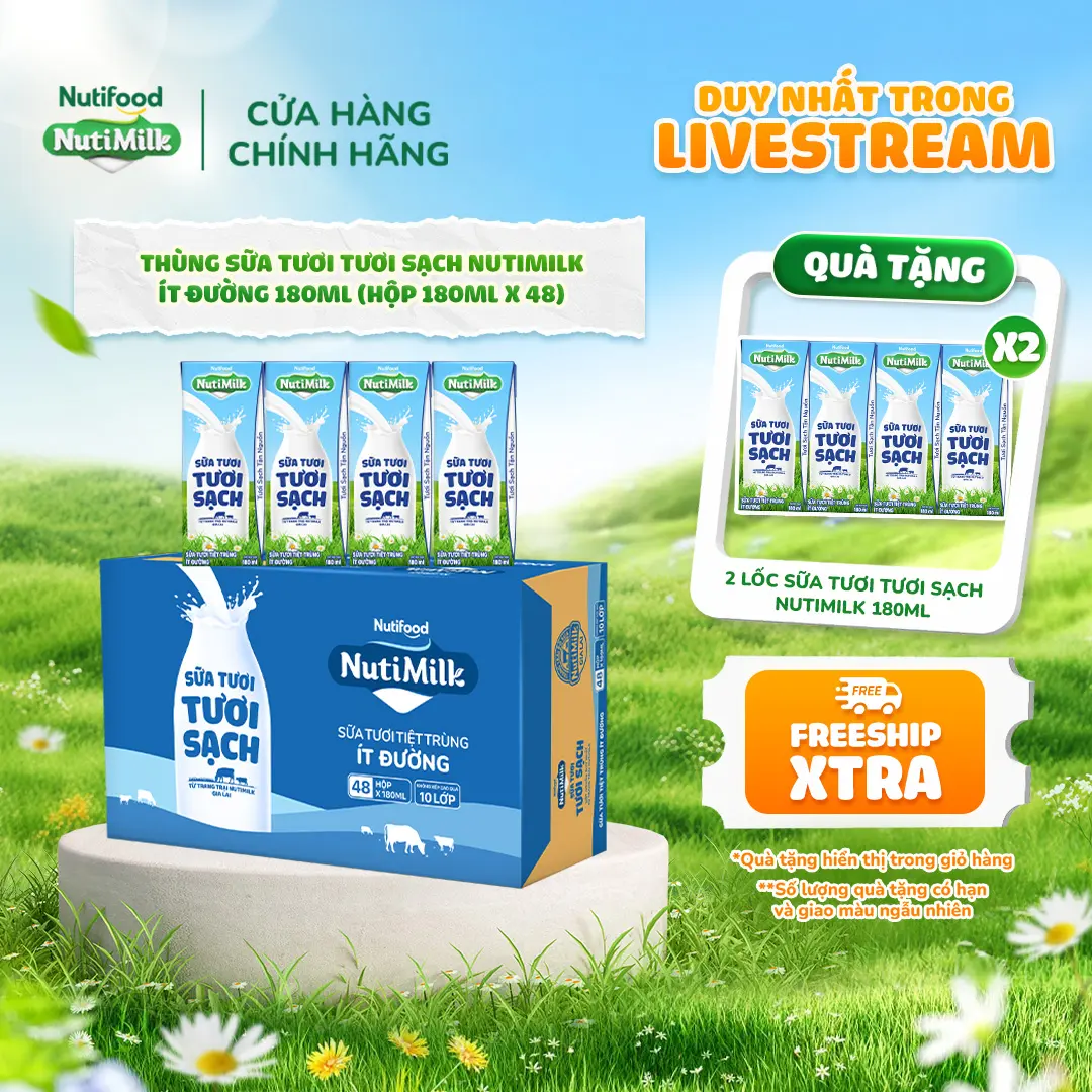 [NTF] Thùng Sữa Tươi Tươi Sạch NutiMilk Ít Đường 180ml (Hộp 180ml x 48)