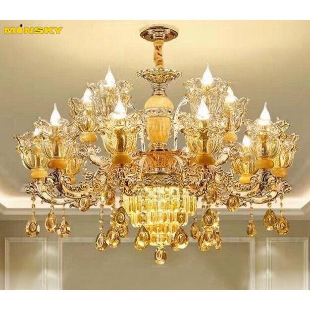 Đèn chùm MONSKY CRAVI 15 tay pha lê thân đá hiện đại trang trí nội thất sang trọng.