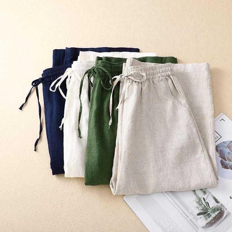 Quần Dài Vải Lanh Cotton, Eo Co Giãn, Phong Cách Cổ Điển Thẳng, Dành Cho Nữ, Thường Ngày, Hàng Mới Về, Quần Cropped 4