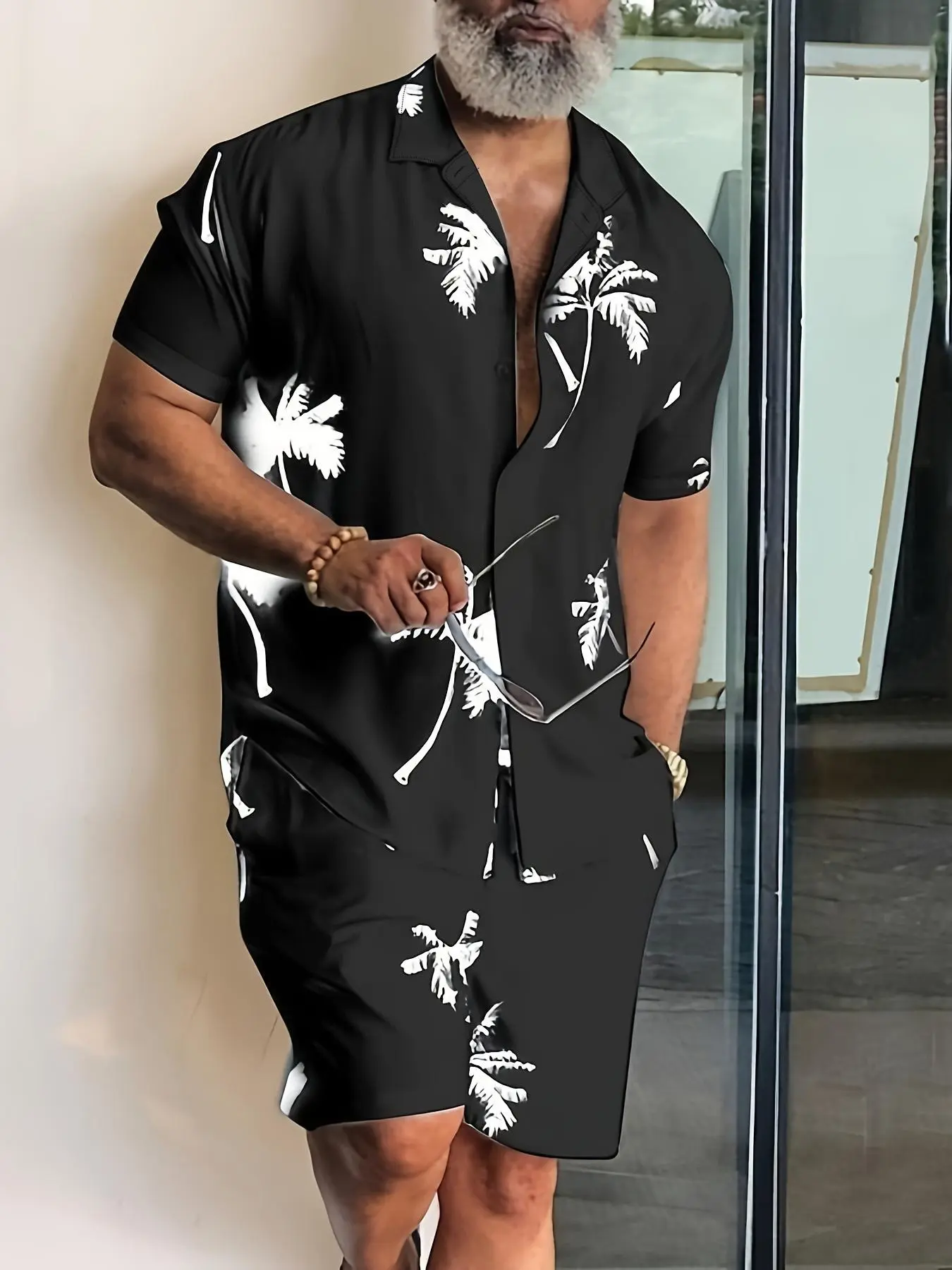 Men's Palm Tree Print Shirt & Shorts Set, Regular Fit Casual Short Sleeve Top & Shorts, Men's Summer Clothes for Beach Vacation