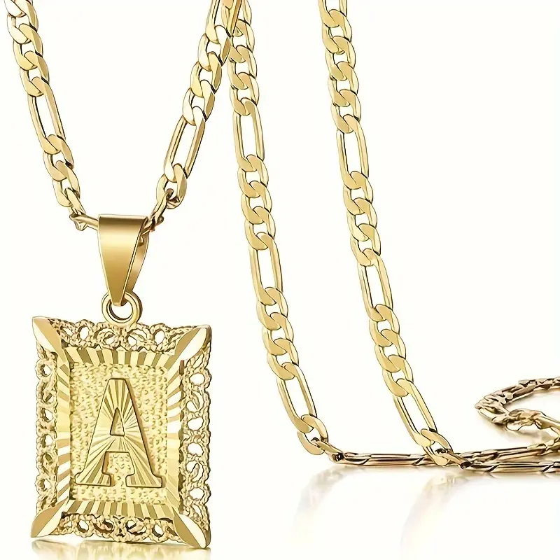 14K Golden Plated Initial Letter Pendant Necklace - A-Z, Unisex Design for Men & Women, Square Alphabet Figaro Chain with Ornate Detailing, Perfect for Casual Attire or Gifting, Jewelry | Polished Finish | Golden Alphabet, Necklace 6