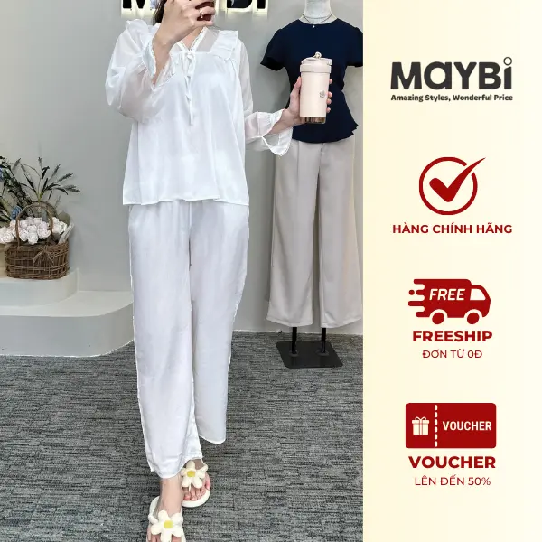 Bộ Pijama Dài Lụa Gấm Xước Cổ Phối Ren Tay Dài Dành Cho Nữ Thương Hiệu MayBi