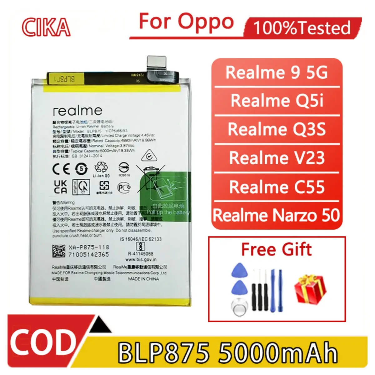 Original 5000mAh Battery BLP875 For OPPO Realme 9 5G / Realme Q5i / Realme Q3S / Realme C55 NFC / Realme Narzo 50 / Realme V23 Batre
