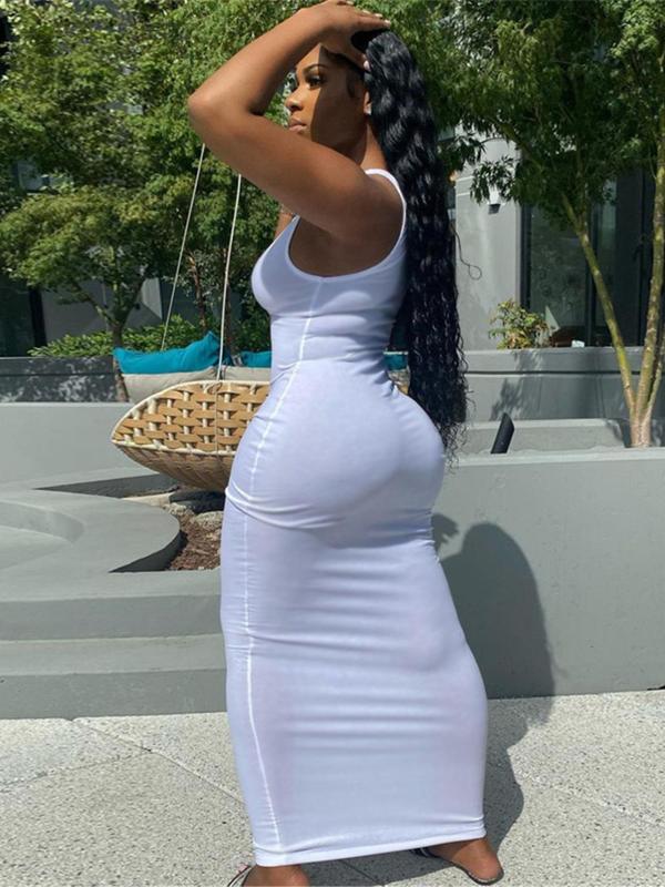 Women's Plain Ripped Notched Neck Bodycon Dress, Casual Sleeveless Long Dress for Summer, Ladies Clothes for Nightclub Party Daily Wear 3
