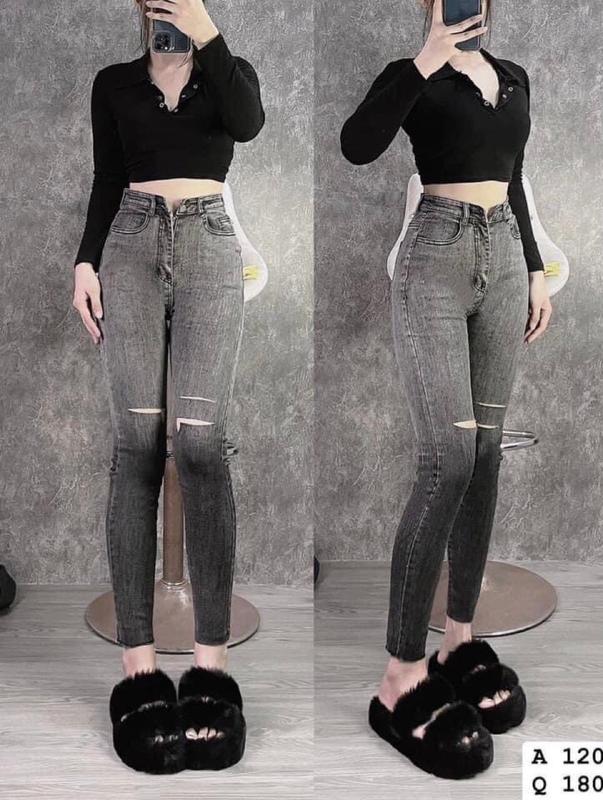 Quần Ôm Loang Khói Rách 2 Gối Cạp Siêu Cao Co Giãn 4 Chiều Hách Dáng Cá Phong Cách Thời Trang Quần Bó Cho Nữ