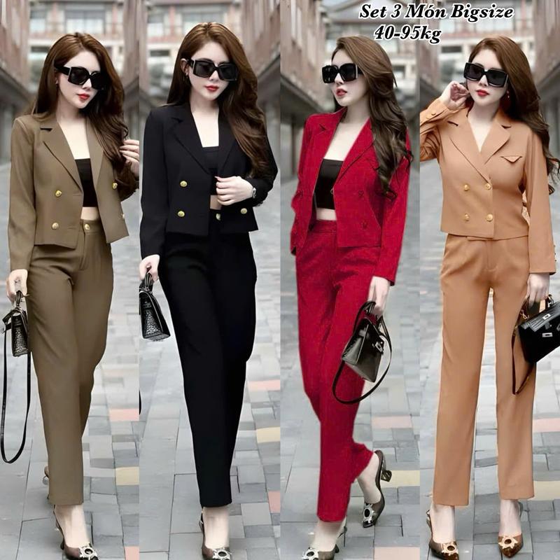 Set Vest Tay Dài Bigsize Nữ Quần Dài Công Sở - Set Blazer 3 Món Lụa Chéo Thái Thiết Kế Dự Tiệc Nữ Cao Cấp Xinh Đẹp Sang Chảnh  50-95kg Áo Top Cotton Màu Nâu Sen Màu Đen Set Đồ Nữ đẹp Set Áo Croptop Bộ Suit Nữ Sang Chảnh Bigsize Women Kem 2349