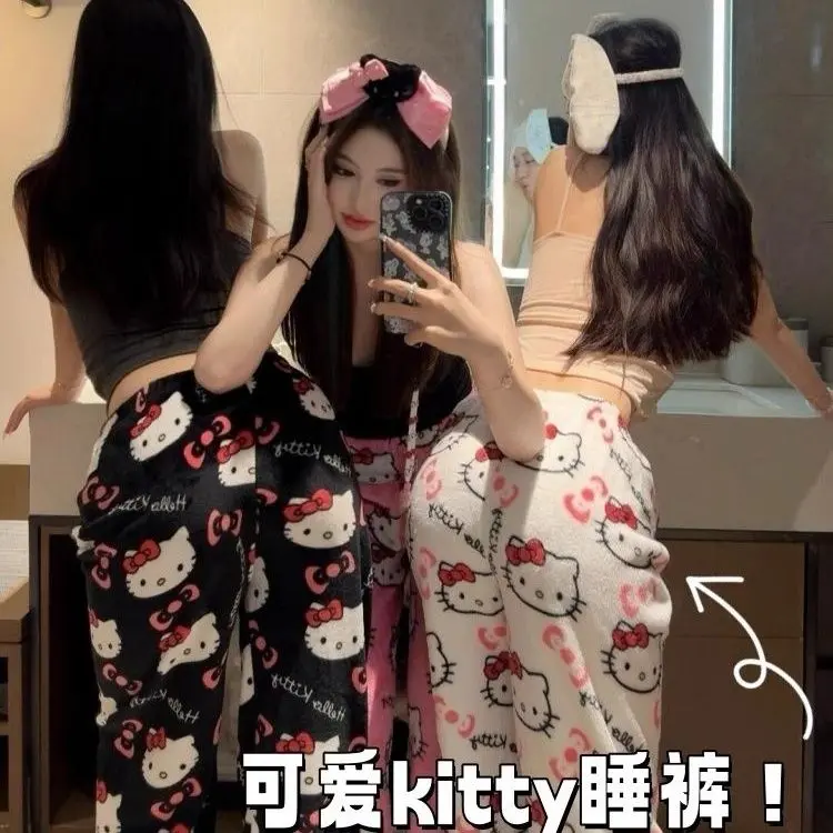[9884 People Collection] Coral Fleece Pajama Pants Flannel Hello Kitty Foreign Trade Popular Style Fleece-lined Thick Loose Hellokitty Pajama Pants Super Cute