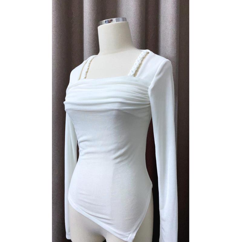 Áo thun body nữ dài tay cổ vuông dây đan vạt chéo hot hit vải nhuyễn tăm óng ánh, dễ mix đồ ôm dáng phong cách Hàn Quốc Top Sơ Mi Voi Shirt 9