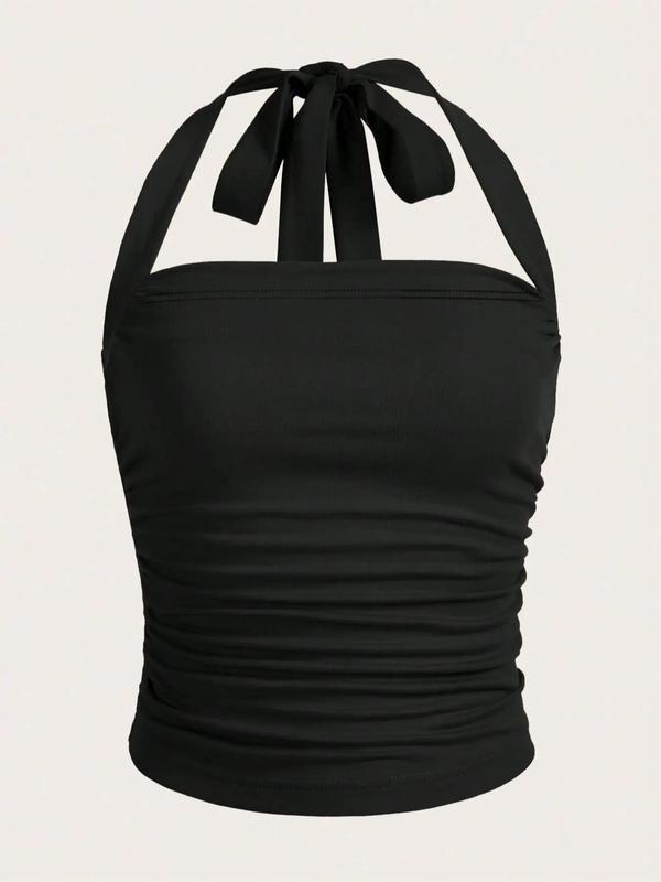 Women's Solid Ruched Halter Neck Backless Crop Top, Summer Clothes, Going Out Top, Holiday Outfits, Casual Elegant Sleeveless Tie Back Top for Summer, Ladies Clothes for Daily Wear 0
