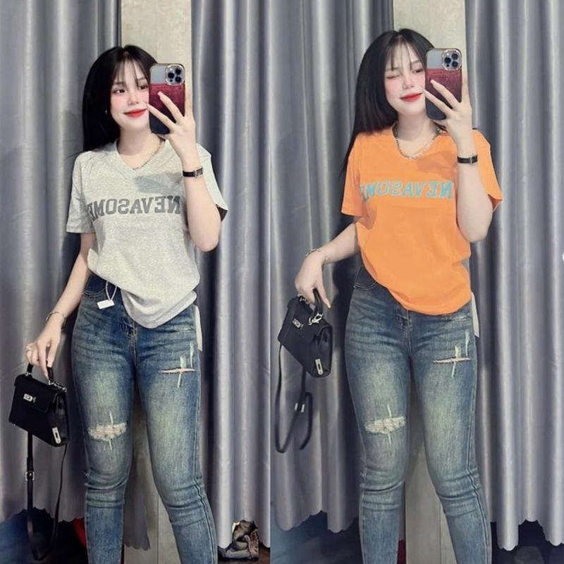 [Nevasome] Áo Thun Nữ From Ôm In Hình Dập Nổi Chữ Nevasome Xinh,Cổ Tim ,Tay Ngắn,Vải Thun Co Giản 4 Chiều Top Women