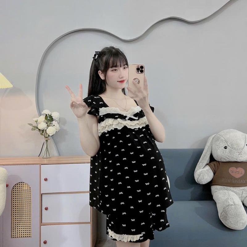 BỘ BẦU ĐÙI ĐŨI HÀN IN NƠ CỔ VUÔNG REN-CỔ BO CHUN -4 màu, quần có chun chỉnh 8