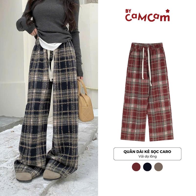 Quần Dài Kẻ Sọc Caro Dạ Lót Lông Ống Rộng Cổ Điển Mùa Đông 2023 Bycamcam Nam Nữ