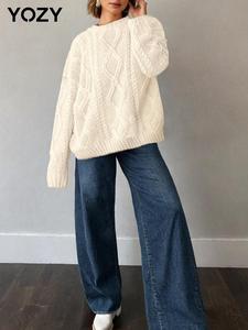 YOZY Women's Textured Cable Knit Sweater, Casual Long Sleeve Round Neck Jumper for Fall & Winter, Fashion Ladies' Knitwear for Daily Wear