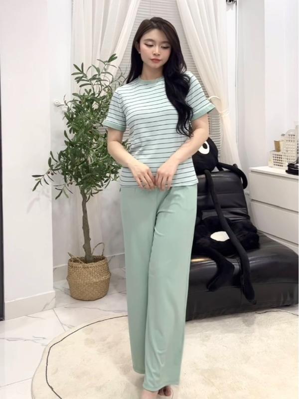 ĐỒ BỘ THUN GÂN TĂM LẠNH QUẦN DÀI ÁO CỔ TRÒN TAY NGẮN CO GIÃN