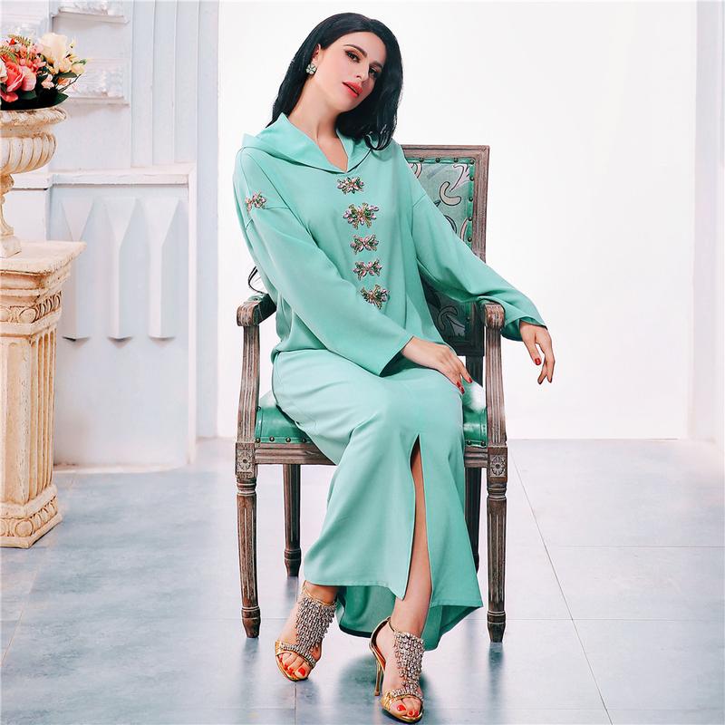 Product Introduction of Ba302 Water Green Hand-Stitched Glass Diamond Decorations Hooded Robe Middle East Southeast Asia Women's Robe 8
