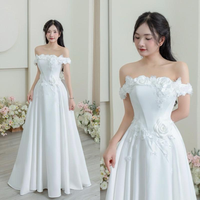 Váy Đi Bàn Trễ Vai Chất Phi Nhật Ngực 2 Thân Form Cao Cấp Dáng Dài Chạm Đất Bánh Bèo Siết Eo Và Che Bắp Tay Cực Tốt