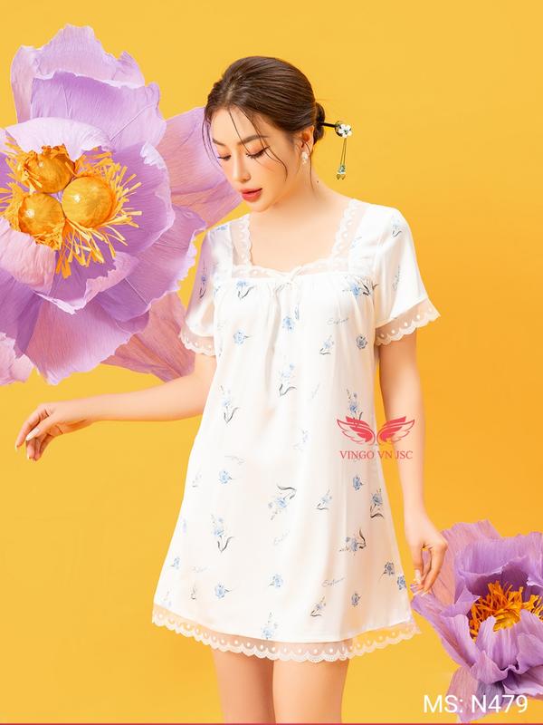 N479 - Váy Ngủ Nữ Đồ Ngủ Mặc Nhà Đầm Ngủ Lụa CÁT TƯỜNG VINGO Thiết Kế Tay Ngắn Cổ Vuông Sang Chảnh  N479 VNGO Women Dress Cat