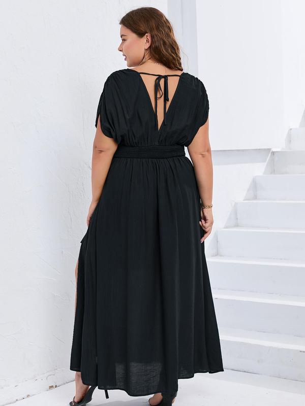 【Plus Size】 Plain Ruched Shirred Split Thigh Tie Back A Line Dress, Casual Deep V Neck Batwing Sleeve High Waist Dress for Party Holiday Wedding Guest, Women's  Clothing for Summer 5