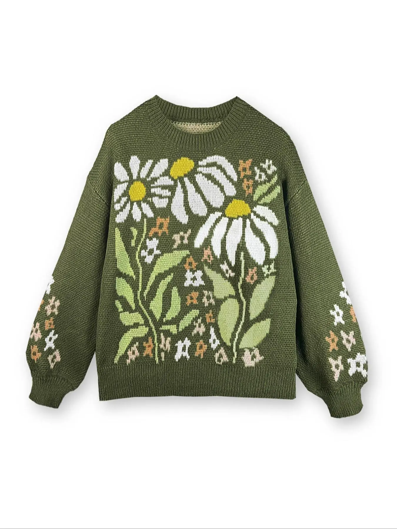 Women's Floral Print Drop Shoulder Sweater, Cute Long Sleeve Round Neck Jumper for Fall & Winter, Fashion Ladies' Knitwear for Daily Wear