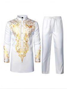 Men's Floral Print Muslim Two-piece Set, Casual Regular Fit Long Sleeve Button Up Top & Pants Set, Men's Islamic Clothing for Spring & Fall